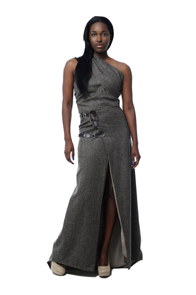 Designer Italian Herringbone Kilt Ensemble with Fur Embellishment